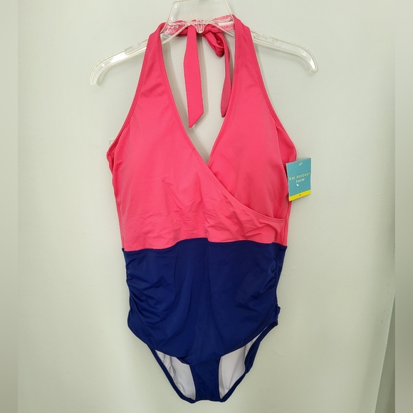 Bal Harbour One Piece Color Block Halter One Piece Tummy Control Swimsuit 20 New - Picture 2 of 10